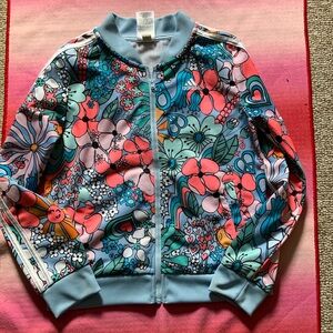 Adidas girls jacket flowers and triple stripes light blue & pink size 14 youth